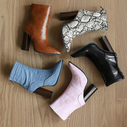 Pointed Toe Chunky Heel Short Boots