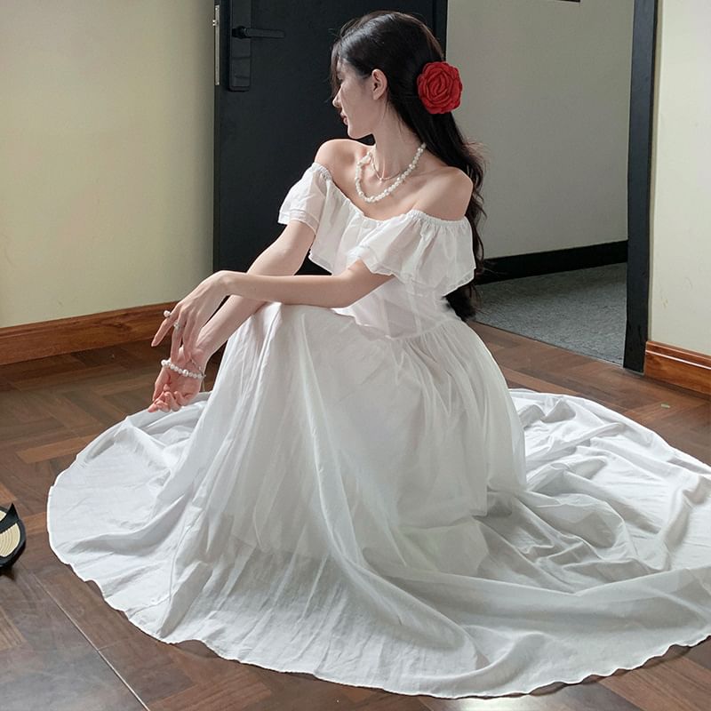 Short-Sleeve Off-Shoulder Plain Ruffle Trim Ruched Maxi A-Line Dress