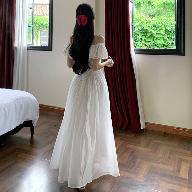 Short-Sleeve Off-Shoulder Plain Ruffle Trim Ruched Maxi A-Line Dress