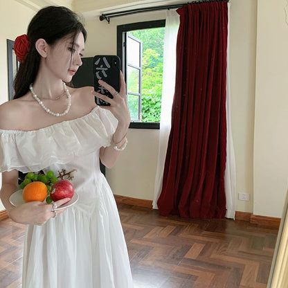 Short-Sleeve Off-Shoulder Plain Ruffle Trim Ruched Maxi A-Line Dress