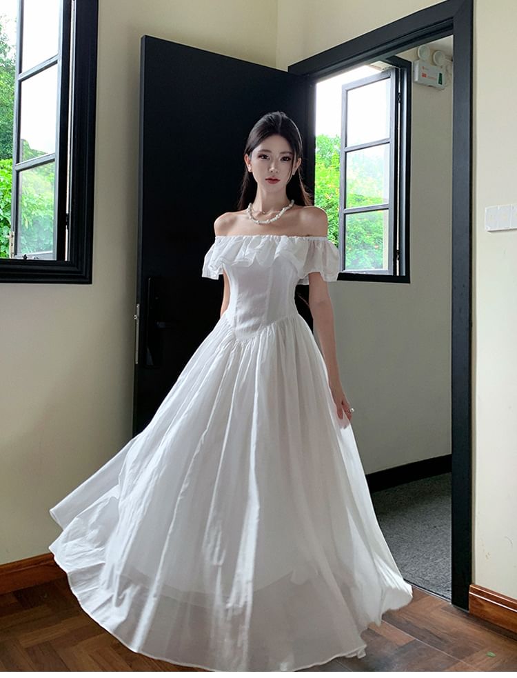 Short-Sleeve Off-Shoulder Plain Ruffle Trim Ruched Maxi A-Line Dress
