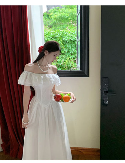 Short-Sleeve Off-Shoulder Plain Ruffle Trim Ruched Maxi A-Line Dress