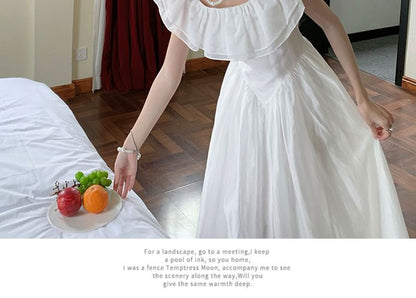 Short-Sleeve Off-Shoulder Plain Ruffle Trim Ruched Maxi A-Line Dress