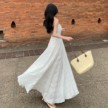 Spaghetti Strap Square Neck Plain Crinkle Open Back Maxi A-Line Dress