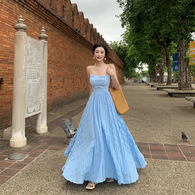 Spaghetti Strap Square Neck Plain Crinkle Open Back Maxi A-Line Dress