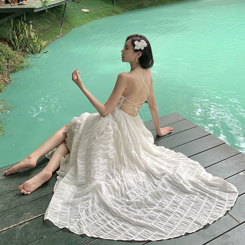 Spaghetti Strap Square Neck Plain Crinkle Open Back Maxi A-Line Dress