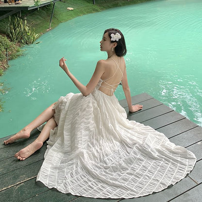 Spaghetti Strap Square Neck Plain Crinkle Open Back Maxi A-Line Dress