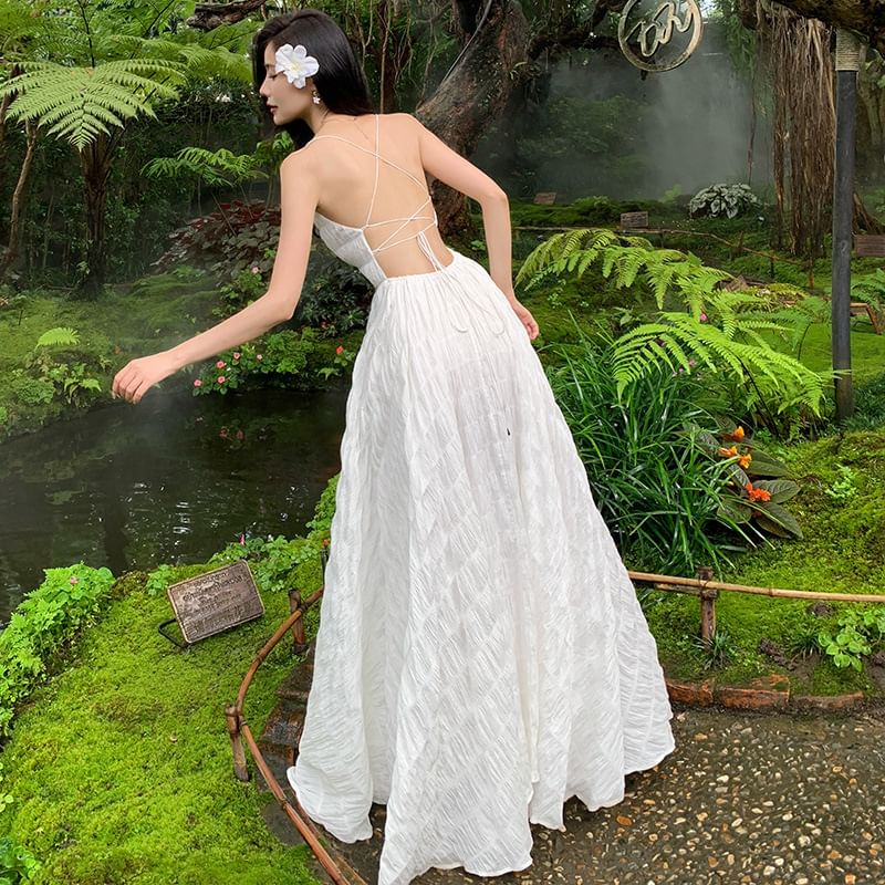 Spaghetti Strap Square Neck Plain Crinkle Open Back Maxi A-Line Dress