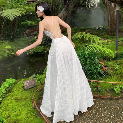 Spaghetti Strap Square Neck Plain Crinkle Open Back Maxi A-Line Dress