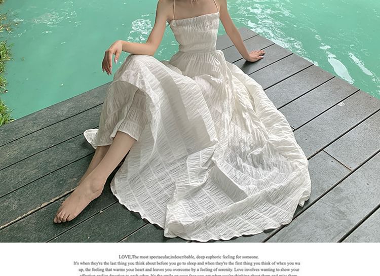Spaghetti Strap Square Neck Plain Crinkle Open Back Maxi A-Line Dress