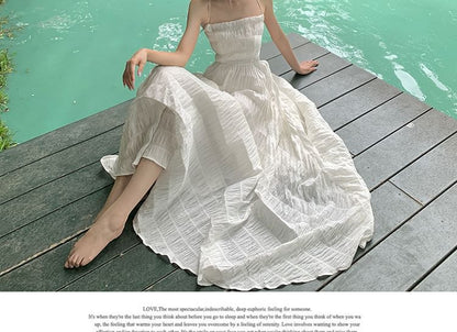 Spaghetti Strap Square Neck Plain Crinkle Open Back Maxi A-Line Dress