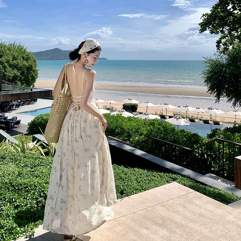 Spaghetti Strap Square Neck Floral Print Bow Accent Open Back Maxi A-Line Dress