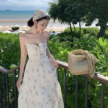 Spaghetti Strap Square Neck Floral Print Bow Accent Open Back Maxi A-Line Dress