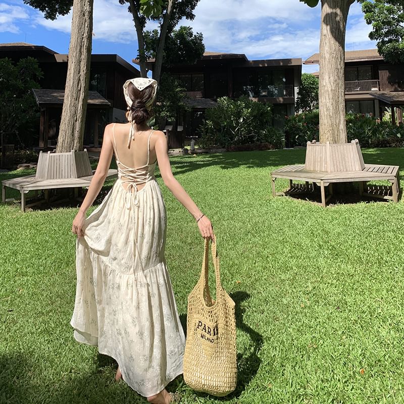 Spaghetti Strap Square Neck Floral Print Bow Accent Open Back Maxi A-Line Dress