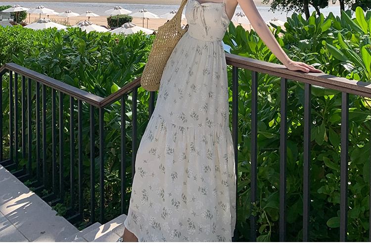 Spaghetti Strap Square Neck Floral Print Bow Accent Open Back Maxi A-Line Dress