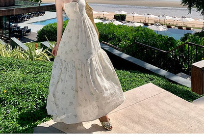 Spaghetti Strap Square Neck Floral Print Bow Accent Open Back Maxi A-Line Dress