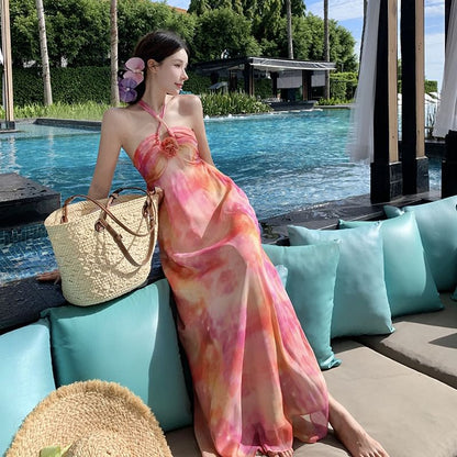 Halter Neck Tie Dye Floral Accent Ruched Open Back Maxi A-Line Dress