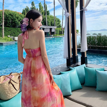 Halter Neck Tie Dye Floral Accent Ruched Open Back Maxi A-Line Dress