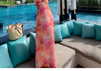 Halter Neck Tie Dye Floral Accent Ruched Open Back Maxi A-Line Dress