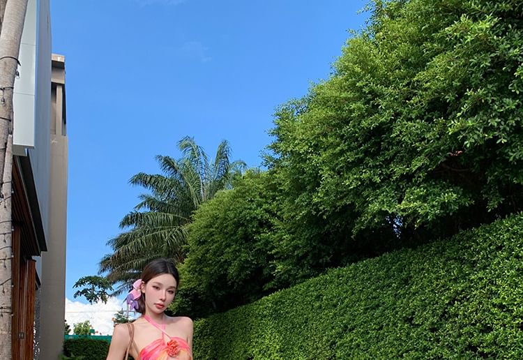 Halter Neck Tie Dye Floral Accent Ruched Open Back Maxi A-Line Dress