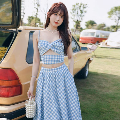 Set: V-Neck Gingham Cutout Ruched Open Back Crop Camisole Top + High Waist Midi A-Line Skirt