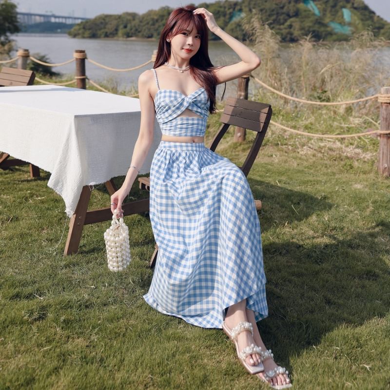 Set: V-Neck Gingham Cutout Ruched Open Back Crop Camisole Top + High Waist Midi A-Line Skirt
