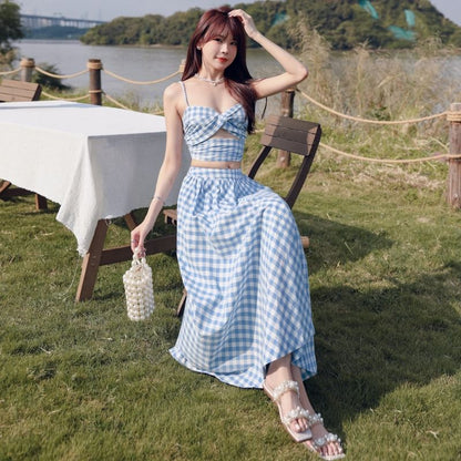 Set: V-Neck Gingham Cutout Ruched Open Back Crop Camisole Top + High Waist Midi A-Line Skirt