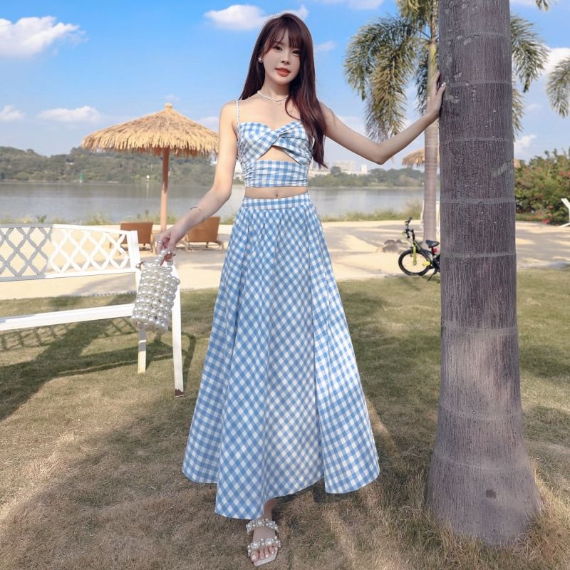 Set: V-Neck Gingham Cutout Ruched Open Back Crop Camisole Top + High Waist Midi A-Line Skirt