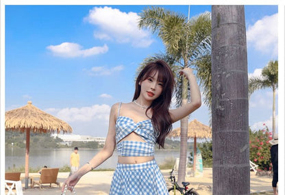 Set: V-Neck Gingham Cutout Ruched Open Back Crop Camisole Top + High Waist Midi A-Line Skirt
