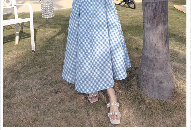 Set: V-Neck Gingham Cutout Ruched Open Back Crop Camisole Top + High Waist Midi A-Line Skirt