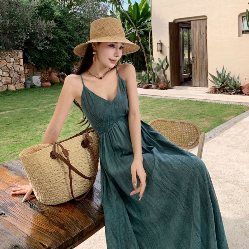 Spaghetti Strap V-Neck Tie Dye Ruched Open Back Maxi A-Line Dress