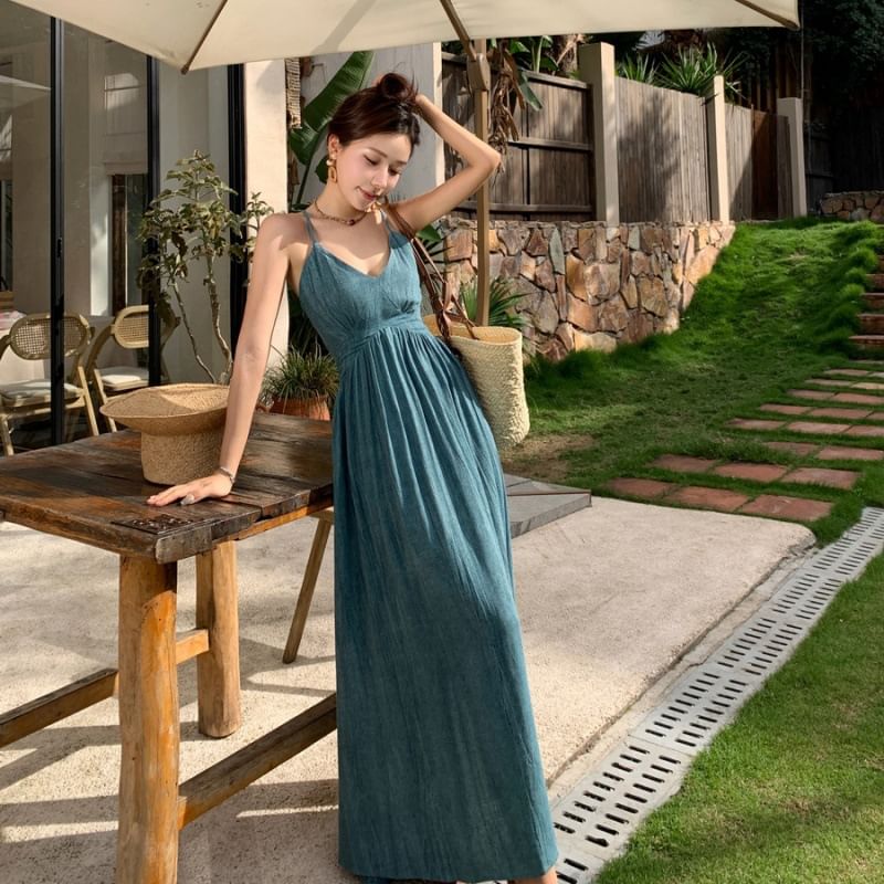 Spaghetti Strap V-Neck Tie Dye Ruched Open Back Maxi A-Line Dress