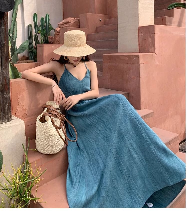 Spaghetti Strap V-Neck Tie Dye Ruched Open Back Maxi A-Line Dress