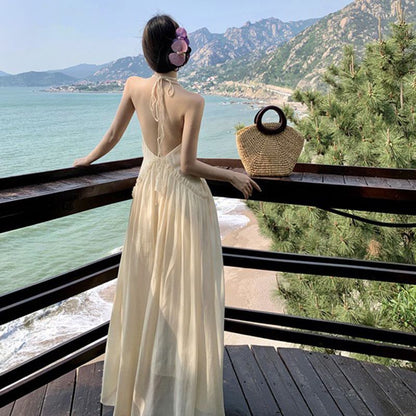 Halter V-Neck Plain Frill Trim Ruched Open Back Maxi A-Line Dress