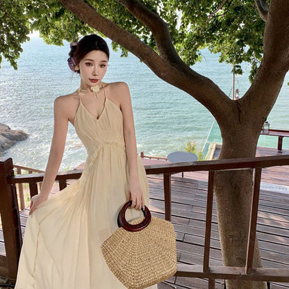 Halter V-Neck Plain Frill Trim Ruched Open Back Maxi A-Line Dress