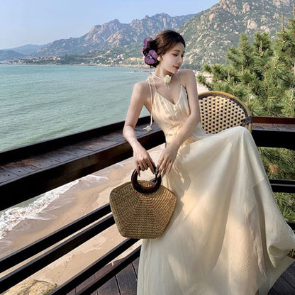 Halter V-Neck Plain Frill Trim Ruched Open Back Maxi A-Line Dress