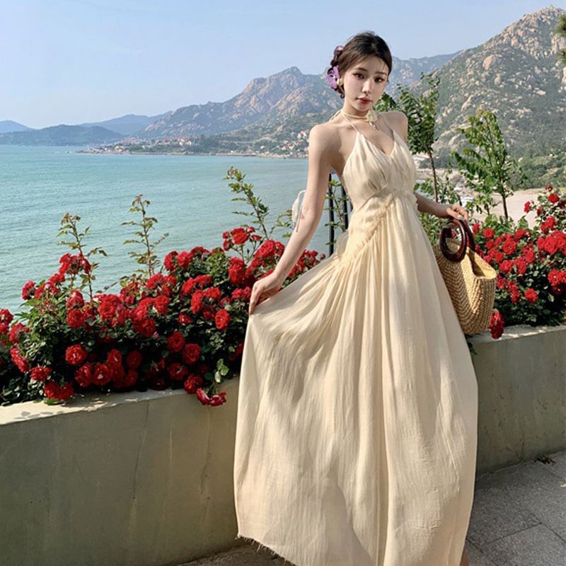 Halter V-Neck Plain Frill Trim Ruched Open Back Maxi A-Line Dress