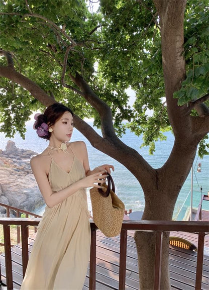 Halter V-Neck Plain Frill Trim Ruched Open Back Maxi A-Line Dress