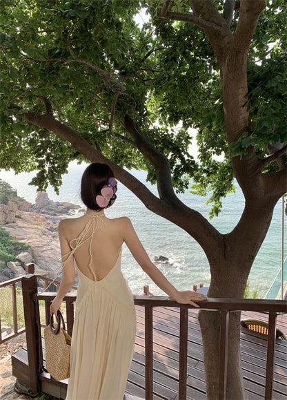 Halter V-Neck Plain Frill Trim Ruched Open Back Maxi A-Line Dress