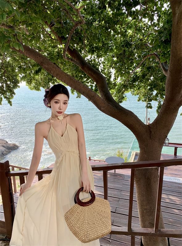 Halter V-Neck Plain Frill Trim Ruched Open Back Maxi A-Line Dress