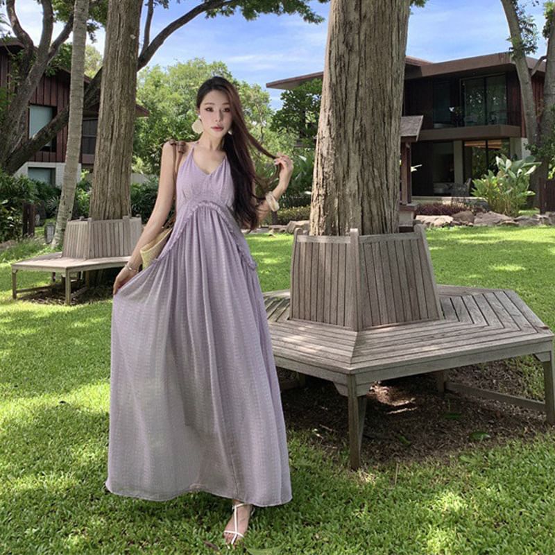 Halter V-Neck Plain Frill Trim Open Back Maxi A-Line Dress