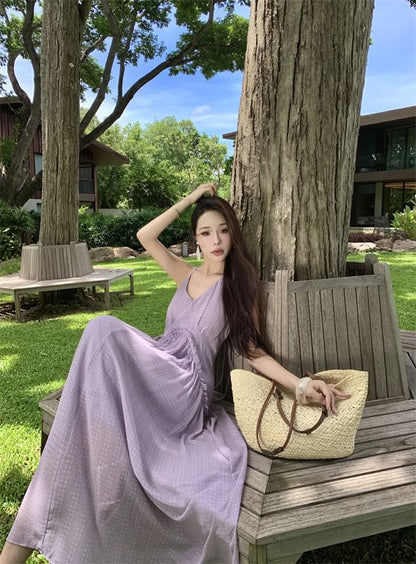 Halter V-Neck Plain Frill Trim Open Back Maxi A-Line Dress