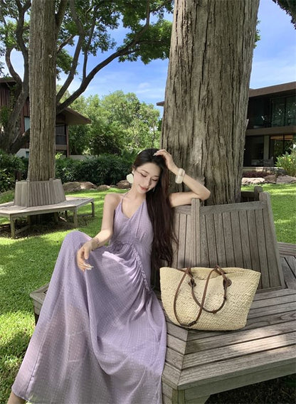 Halter V-Neck Plain Frill Trim Open Back Maxi A-Line Dress