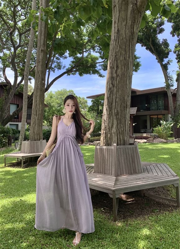 Halter V-Neck Plain Frill Trim Open Back Maxi A-Line Dress