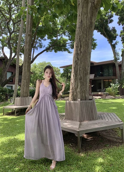 Halter V-Neck Plain Frill Trim Open Back Maxi A-Line Dress