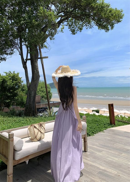 Halter V-Neck Plain Frill Trim Open Back Maxi A-Line Dress