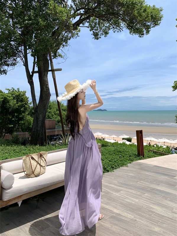 Halter V-Neck Plain Frill Trim Open Back Maxi A-Line Dress