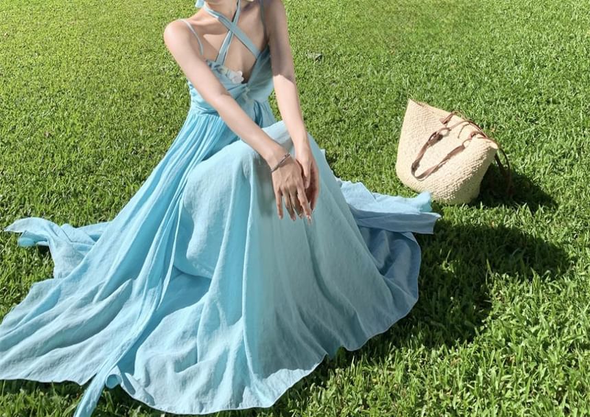 Halter Neck Plain Floral Accent Ruched Layered Open Back Maxi A-Line Dress