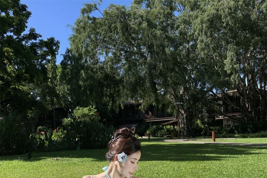 Halter Neck Plain Floral Accent Ruched Layered Open Back Maxi A-Line Dress