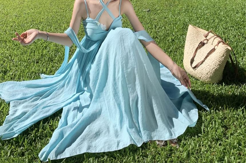 Halter Neck Plain Floral Accent Ruched Layered Open Back Maxi A-Line Dress